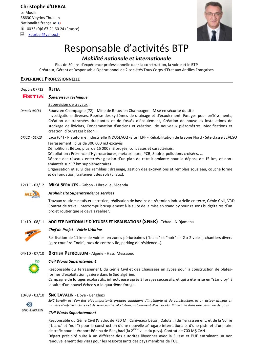 Cv 2013 christophe d'urbal responsable d’activités btp
