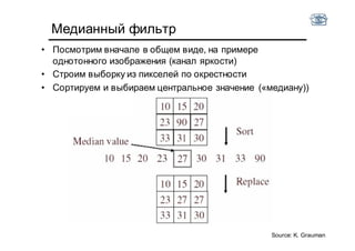 Медианный фильтр
• Посмотрим вначале в общем виде, на примере
однотонного изображения (канал яркости)
• Строим выборку из пикселей по окрестности
• Сортируем и выбираем центральное значение («медиану))
Source: K. Grauman
 