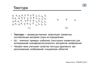 Текстура
Image source: VPfaCGP Fig 8.5
• Текстура — преимущественная ориентация элементов,
составляющих материал (одно из определении)
• (b) - типичные примеры шаблонов (текстурных элементов) для
исследований психофизиологоического восприятия изображений
• Человек явно учитывает свойства текстуры фрагмента при
распознавании изображений и выделении областей
 
