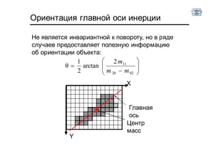 Ориентация главной оси инерции
Не является инвариантной к повороту, но в ряде
случаев предоставляет полезную информацию
об ориентации объекта:








0220
112
arctan
2
1
θ
mm
m
X
Y
Главная
ось
Центр
масс
 