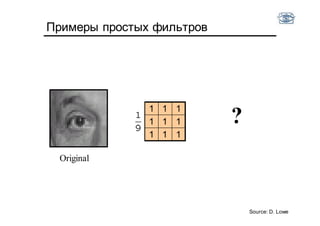 Примеры простых фильтров
Original
?
111
111
111
Source: D. Lowe
 