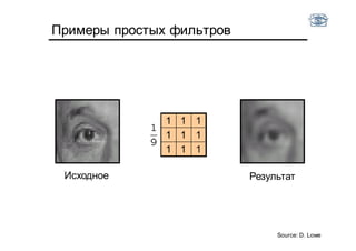 Примеры простых фильтров
Исходное
111
111
111
Source: D. Lowe
Результат
 