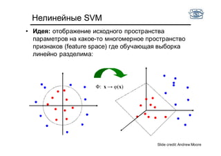 Φ: x → φ(x)
Нелинейные SVM
• Идея: отображение исходного пространства
параметров на какое-то многомерное пространство
признаков (feature space) где обучающая выборка
линейно разделима:
Slide credit:Andrew Moore
 