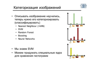 Категоризация изображений
• Описывать изображение научились,
теперь нужно его категоризировать
(классифицировать)
• Nearest Neighbour (+kNN)
• SVM
• Random Forest
• Boosting
• Neural Networks
• Мы знаем SVM
• Можем придумать специальные ядра
для сравнения гистограмм
 