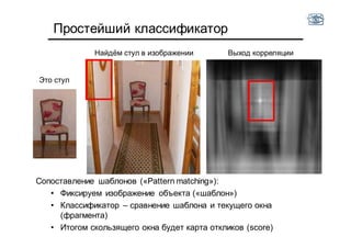 Простейший классификатор
Это стул
Найдём стул в изображении Выход корреляции
Сопоставление шаблонов («Pattern matching»):
• Фиксируем изображение объекта («шаблон»)
• Классификатор – сравнение шаблона и текущего окна
(фрагмента)
• Итогом скользящего окна будет карта откликов (score)
 
