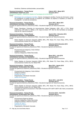 CV – Mag. Ing. José Carlos Benítez Palacios Pág. 11 / 41
Numéricos. Sistemas combinacionales y secuenciales.
Docencia Universitaria – Tiempo Parcial Febrero 2015 – Marzo 2015
UNIVERSIDAD CESAR VALLEJO Semestre 2015-1
Escuela de Postgrado – Maestría en Gestión de Tecnologías de la Información.
Curso:
- Metodología de la Investigación Científica. Ciencia. Investigación científica. Fuentes de información. Lineas
de investigación. El estado del Arte. El problema, las variables, los objetivos, la hipótesis y el diseño de
investigación. La matriz de consistencia.
Docencia Universitaria – Tiempo Parcial Enero 2015 – Marzo 2015
UNIVERSIDAD NACIONAL DE INGENIERIA Semestre 2014-3
Facultad de Ingeniería Eléctrica y Electrónica (FIEE) – Escuela de Ingeniería de Telecomunicaciones.
Curso:
- Redes Telemáticas: Protocolos de comunicaciones. Redes Cableadas: xDSL, HFC y FTTH. Redes
inalámbricas: WiFi (802.11), WiMax y LTE. Capa de enlace: STP, 802.1Q, 802.1ad.Redes de transporte.
Capa de red. Capa de transporte.
Docencia Universitaria – Tiempo Parcial Agosto 2014 – Diciembre 2014
UNIVERSIDAD NACIONAL DE INGENIERIA Semestre 2014-2
Facultad de Ingeniería Eléctrica y Electrónica (FIEE) – Escuela de Ingeniería de Telecomunicaciones.
Curso:
- Redes Digitales de Servicios Integrados (RDSI): BRI y PRI. Redes FO, Frame Relay, ATM y MPLS.
Comunicaciones móviles 3G y 4G. Redes PON.
Docencia Universitaria – Tiempo Parcial Setiembre 2014–Diciembre 2014
UNIVERSIDAD TECNOLOGICA DEL PERU Semestre 2014-2
Facultad de Ingeniería de Sistemas y Electrónica (FISE) – Escuela de Ingeniería de Electrónica.
Cursos:
- Procesamiento de Imágenes y Visión Artificial
- Inteligencia Artificial
- Sistemas Inteligentes y Redes Neuronales.
Docencia Universitaria – Tiempo Parcial Marzo 2014 – Julio 2014
UNIVERSIDAD NACIONAL DE INGENIERIA Semestre 2014-1
Facultad de Ingeniería Eléctrica y Electrónica (FIEE) – Escuela de Ingeniería de Telecomunicaciones.
Curso:
- Redes Digitales de Servicios Integrados (RDSI): BRI y PRI. Redes FO, Frame Relay, ATM y MPLS.
Comunicaciones móviles 3G y 4G. Redes PON.
Docencia Universitaria – Tiempo Parcial Mayo 2014 – Agosto 2014
UNIVERSIDAD TECNOLOGICA DEL PERU Semestre 2014-1
Facultad de Ingeniería de Sistemas y Electrónica (FISE) – Escuela de Ingeniería de Electrónica.
Cursos:
- Procesamiento de Imágenes y Visión Artificial
- Inteligencia Artificial
- Proyecto de Tesis II
- Programación y Simulación Avanzada
- Gestión de Proyectos
Docencia Universitaria – Tiempo Parcial Marzo 2013 – Julio 2013
UNIVERSIDAD NACIONAL DE INGENIERIA Semestre 2013-2
Facultad de Ingeniería Eléctrica y Electrónica (FIEE) – Escuela de Ingeniería de Telecomunicaciones.
Curso:
- Redes Digitales de Servicios Integrados (RDSI): BRI y PRI. Redes FO, Frame Relay, ATM y MPLS.
Comunicaciones móviles 3G y 4G. Redes PON.
- Laboratorio de Telecomunicaciones III: Red GSM, Protocolos STP, RSTP, MSTP, 802.1QinQ, enrutamiento
y OSPF con IPv6.
Docencia Universitaria – Tiempo Parcial Diciembre 2013 – Abril 2014
UNIVERSIDAD TECNOLOGICA DEL PERU Semestre 2013-3
Facultad de Ingeniería de Sistemas y Electrónica (FISE) – Escuela de Ingeniería de Electrónica.
Cursos:
- Procesamiento Digital de Señales
- Sistemas Inteligentes y Redes Neuronales
- Inteligencia Artificial y Sistemas Expertos
- Proyecto de Tesis II
- Seminario de Tesis II
- Programación y Simulación Avanzada
 
