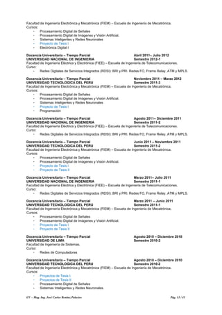 CV – Mag. Ing. José Carlos Benítez Palacios Pág. 13 / 41
Facultad de Ingeniería Electrónica y Mecatrónica (FIEM) – Escuela de Ingeniería de Mecatrónica.
Cursos:
- Procesamiento Digital de Señales
- Procesamiento Digital de Imágenes y Visión Artificial.
- Sistemas Inteligentes y Redes Neuronales
- Proyecto de Tesis I
- Electrónica Digital I
Docencia Universitaria – Tiempo Parcial Abril 2011– Julio 2012
UNIVERSIDAD NACIONAL DE INGENIERIA Semestre 2012-1
Facultad de Ingeniería Eléctrica y Electrónica (FIEE) – Escuela de Ingeniería de Telecomunicaciones.
Curso:
- Redes Digitales de Servicios Integrados (RDSI): BRI y PRI. Redes FO, Frame Relay, ATM y MPLS.
Docencia Universitaria – Tiempo Parcial Noviembre 2011 – Marzo 2012
UNIVERSIDAD TECNOLOGICA DEL PERU Semestre 2011-3
Facultad de Ingeniería Electrónica y Mecatrónica (FIEM) – Escuela de Ingeniería de Mecatrónica.
Cursos:
- Procesamiento Digital de Señales
- Procesamiento Digital de Imágenes y Visión Artificial.
- Sistemas Inteligentes y Redes Neuronales
- Proyecto de Tesis I
- Programación
Docencia Universitaria – Tiempo Parcial Agosto 2011– Diciembre 2011
UNIVERSIDAD NACIONAL DE INGENIERIA Semestre 2011-2
Facultad de Ingeniería Eléctrica y Electrónica (FIEE) – Escuela de Ingeniería de Telecomunicaciones.
Curso:
- Redes Digitales de Servicios Integrados (RDSI): BRI y PRI. Redes FO, Frame Relay, ATM y MPLS.
Docencia Universitaria – Tiempo Parcial Junio 2011 – Noviembre 2011
UNIVERSIDAD TECNOLOGICA DEL PERU Semestre 2011-2
Facultad de Ingeniería Electrónica y Mecatrónica (FIEM) – Escuela de Ingeniería de Mecatrónica.
Cursos:
- Procesamiento Digital de Señales
- Procesamiento Digital de Imágenes y Visión Artificial.
- Proyecto de Tesis I
- Proyecto de Tesis II
Docencia Universitaria – Tiempo Parcial Marzo 2011– Julio 2011
UNIVERSIDAD NACIONAL DE INGENIERIA Semestre 2011-1
Facultad de Ingeniería Eléctrica y Electrónica (FIEE) – Escuela de Ingeniería de Telecomunicaciones.
Curso:
- Redes Digitales de Servicios Integrados (RDSI): BRI y PRI. Redes FO, Frame Relay, ATM y MPLS.
Docencia Universitaria – Tiempo Parcial Marzo 2011 – Junio 2011
UNIVERSIDAD TECNOLOGICA DEL PERU Semestre 2011-1
Facultad de Ingeniería Electrónica y Mecatrónica (FIEM) – Escuela de Ingeniería de Mecatrónica.
Cursos:
- Procesamiento Digital de Señales
- Procesamiento Digital de Imágenes y Visión Artificial.
- Proyecto de Tesis I
- Proyecto de Tesis II
Docencia Universitaria – Tiempo Parcial Agosto 2010 – Diciembre 2010
UNIVERSIDAD DE LIMA Semestre 2010-2
Facultad de Ingeniería de Sistemas.
Curso:
- Redes de Computadoras
Docencia Universitaria – Tiempo Parcial Agosto 2010 – Diciembre 2010
UNIVERSIDAD TECNOLOGICA DEL PERU Semestre 2010-2
Facultad de Ingeniería Electrónica y Mecatrónica (FIEM) – Escuela de Ingeniería de Mecatrónica.
Cursos:
- Proyectos de Tesis I.
- Proyectos de Tesis II
- Procesamiento Digital de Señales
- Sistemas Inteligentes y Redes Neuronales.
 