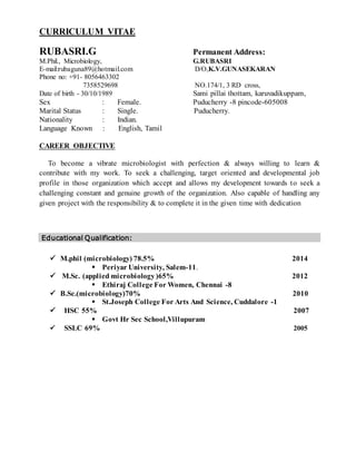 CURRICULUM VITAE
RUBASRI.G Permanent Address:
M.Phil., Microbiology, G.RUBASRI
E-mail:rubaguna89@hotmail.com D/O,K.V.GUNASEKARAN
Phone no: +91- 8056463302
7358529698 NO.174/1, 3 RD cross,
Date of birth - 30/10/1989 Sami pillai thottam, karuvadikuppam,
Sex : Female. Puducherry -8 pincode-605008
Marital Status : Single. Puducherry.
Nationality : Indian.
Language Known : English, Tamil
CAREER OBJECTIVE
To become a vibrate microbiologist with perfection & always willing to learn &
contribute with my work. To seek a challenging, target oriented and developmental job
profile in those organization which accept and allows my development towards to seek a
challenging constant and genuine growth of the organization. Also capable of handling any
given project with the responsibility & to complete it in the given time with dedication
Educational Qualification:
 M.phil (microbiology) 78.5% 2014
 Periyar University, Salem-11.
 M.Sc. (applied microbiology)65% 2012
 Ethiraj College For Women, Chennai -8
 B.Sc.(microbiology)70% 2010
 St.Joseph College For Arts And Science, Cuddalore -1
 HSC 55% 2007
 Govt Hr Sec School,Villupuram
 SSLC 69% 2005
 