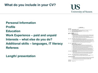 Personal Information Profile  Education  Work Experience – paid and unpaid Interests – what else do you do? Additional skills – languages, IT literacy Referees Length/ presentation What do you include in your CV?   