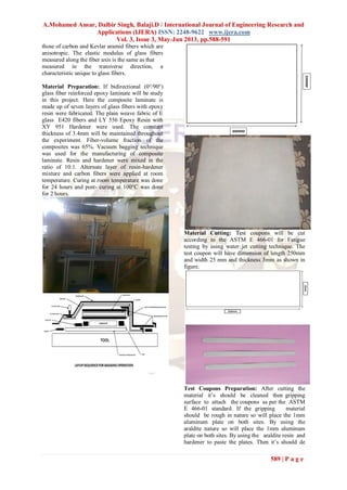 A.Mohamed Ansar, Dalbir Singh, Balaji.D / International Journal of Engineering Research and
Applications (IJERA) ISSN: 2248-9622 www.ijera.com
Vol. 3, Issue 3, May-Jun 2013, pp.588-591
589 | P a g e
those of carbon and Kevlar aramid fibers which are
anisotropic. The elastic modulus of glass fibers
measured along the fiber axis is the same as that
measured in the transverse direction, a
characteristic unique to glass fibers.
Material Preparation: If bidirectional (0°/90°)
glass fiber reinforced epoxy laminate will be study
in this project. Here the composite laminate is
made up of seven layers of glass fibers with epoxy
resin were fabricated. The plain weave fabric of E
glass E420 fibers and LY 556 Epoxy Resin with
XY 951 Hardener were used. The constant
thickness of 3.4mm will be maintained throughout
the experiment. Fiber-volume fraction of the
composites was 65%. Vacuum bagging technique
was used for the manufacturing of composite
laminate. Resin and hardener were mixed in the
ratio of 10:1. Alternate layer of resin-hardener
mixture and carbon fibers were applied at room
temperature. Curing at room temperature was done
for 24 hours and post- curing at 100°C was done
for 2 hours.
Material Cutting: Test coupons will be cut
according to the ASTM E 466-01 for Fatigue
testing by using water jet cutting technique. The
test coupon will have dimension of length 250mm
and width 25 mm and thickness 3mm as shown in
figure.
Test Coupons Preparation: After cutting the
material it’s should be cleaned then gripping
surface to attach the coupons as per the ASTM
E 466-01 standard. If the gripping material
should be rough in nature so will place the 1mm
aluminum plate on both sites. By using the
araldite nature so will place the 1mm aluminum
plate on both sites. By using the araldite resin and
hardener to paste the plates. Then it’s should de
 