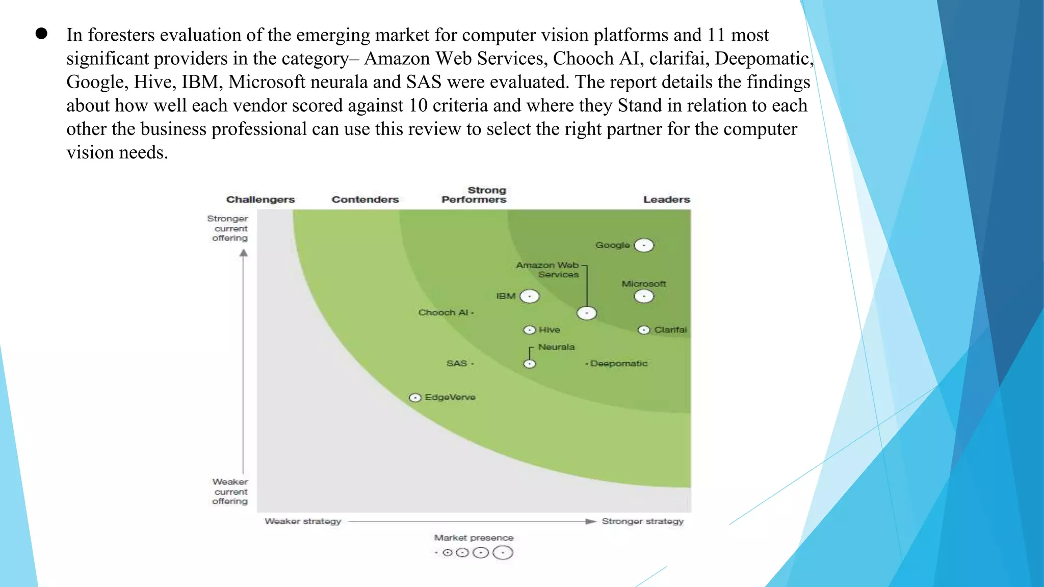 ● In foresters evaluation of the emerging market for computer vision platforms and 11 most
significant providers in the category– Amazon Web Services, Chooch AI, clarifai, Deepomatic,
Google, Hive, IBM, Microsoft neurala and SAS were evaluated. The report details the findings
about how well each vendor scored against 10 criteria and where they Stand in relation to each
other the business professional can use this review to select the right partner for the computer
vision needs.
 