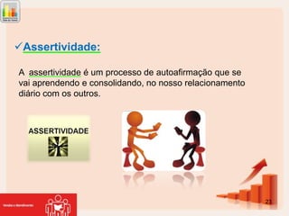 Assertividade:
A assertividade é um processo de autoafirmação que se
vai aprendendo e consolidando, no nosso relacionamento
diário com os outros.

23

 
