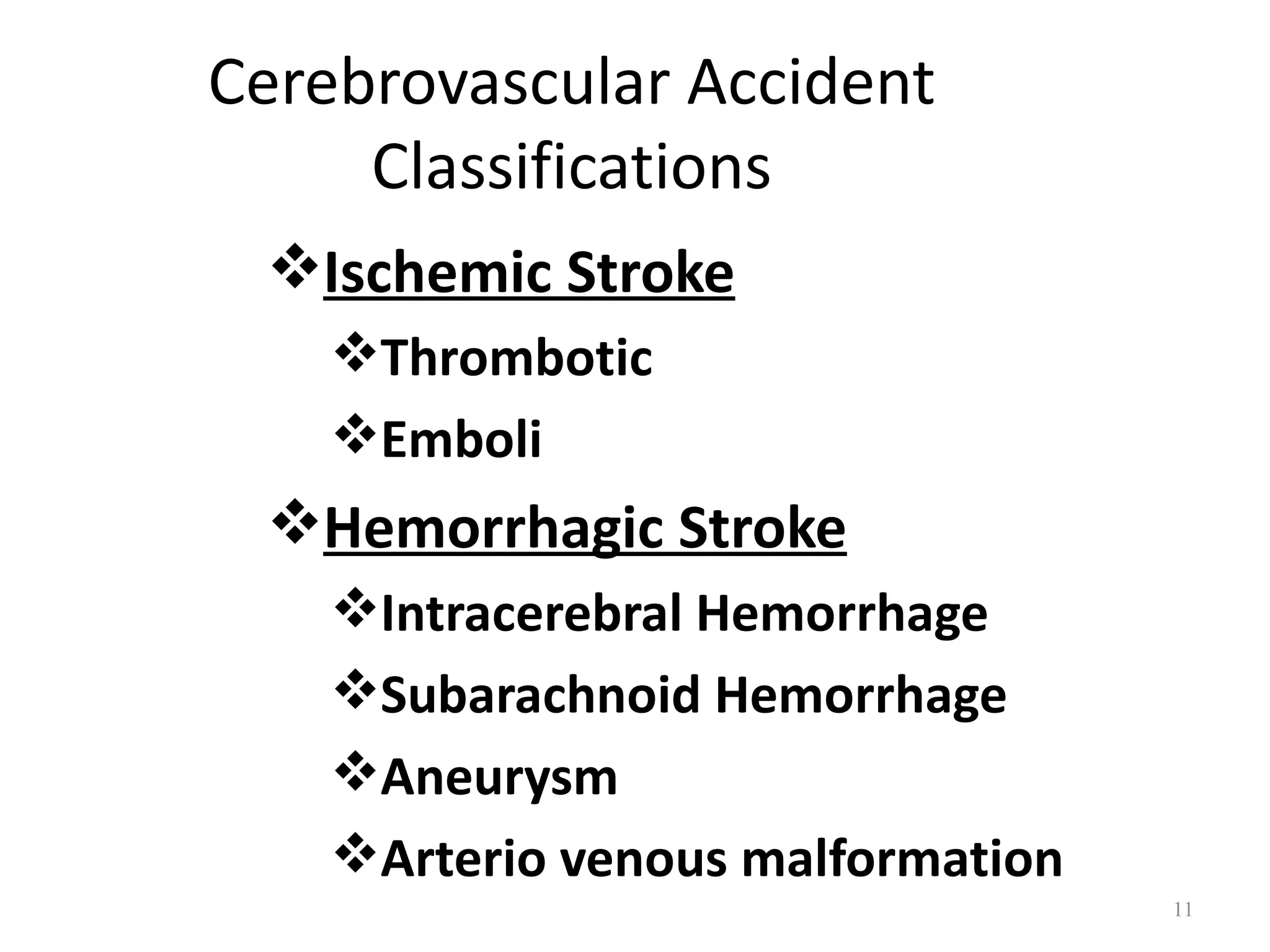 Cerebrovascular Accident
     Classifications
 Ischemic Stroke
    Thrombotic
    Emboli
 Hemorrhagic Stroke
    Intracerebral Hemorrhage
    Subarachnoid Hemorrhage
    Aneurysm
    Arterio venous malformation
                                   11
 