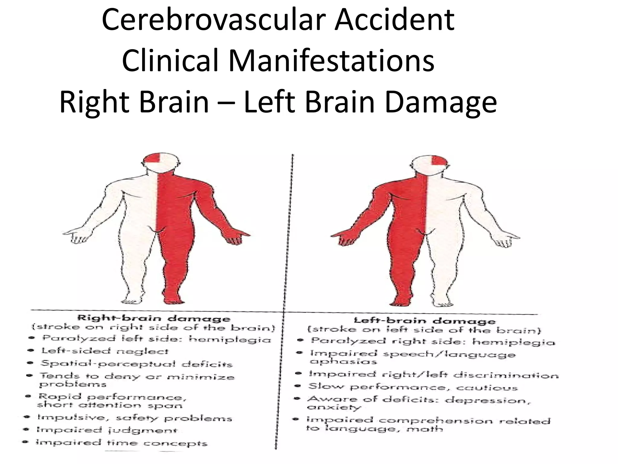 Cerebrovascular Accident
    Clinical Manifestations
Right Brain – Left Brain Damage




                                  40
 