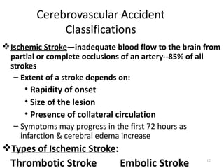 Cerebrovascular Accident
             Classifications
 Ischemic Stroke—inadequate blood flow to the brain from
  partial or complete occlusions of an artery--85% of all
  strokes
   – Extent of a stroke depends on:
     • Rapidity of onset
     • Size of the lesion
     • Presence of collateral circulation
  – Symptoms may progress in the first 72 hours as
    infarction & cerebral edema increase
Types of Ischemic Stroke:
  Thrombotic Stroke            Embolic Stroke        12
 