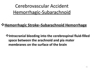 Cerebrovascular Accident
       Hemorrhagic-Subarachnoid

Hemorrhagic Stroke–Subarachnoid Hemorrhage

  Intracranial bleeding into the cerebrospinal fluid-filled
   space between the arachnoid and pia mater
   membranes on the surface of the brain




                                                         24
 