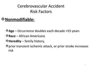 Cerebrovascular Accident
                Risk Factors
Nonmodifiable:

  Age – Occurrence doubles each decade >55 years
  Race – African Americans
  Heredity – family history,
  prior transient ischemic attack, or prior stroke increases
   risk


                                                          3
 