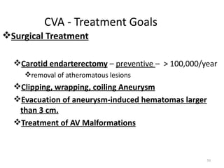 CVA - Treatment Goals
Surgical Treatment

  Carotid endarterectomy – preventive – > 100,000/year
    removal of atheromatous lesions
  Clipping, wrapping, coiling Aneurysm
  Evacuation of aneurysm-induced hematomas larger
   than 3 cm.
  Treatment of AV Malformations



                                                    50
 