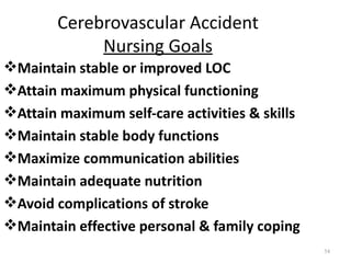 Cerebrovascular Accident
             Nursing Goals
Maintain stable or improved LOC
Attain maximum physical functioning
Attain maximum self-care activities & skills
Maintain stable body functions
Maximize communication abilities
Maintain adequate nutrition
Avoid complications of stroke
Maintain effective personal & family coping
                                                54
 
