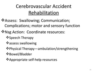 Cerebrovascular Accident
            Rehabilitation
Assess: Swallowing; Communication;
 Complications; motor and sensory function
Nsg Action: Coordinate resources:
  Speech Therapy
  assess swallowing
  Physical Therapy—ambulation/strengthening
  Bowel/Bladder
  Appropriate self-help resources

                                               58
 