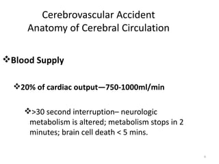 Cerebrovascular Accident
     Anatomy of Cerebral Circulation

Blood Supply

  20% of cardiac output—750-1000ml/min

    >30 second interruption– neurologic
     metabolism is altered; metabolism stops in 2
     minutes; brain cell death < 5 mins.

                                                    6
 