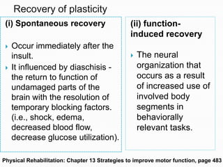 (i) Spontaneous recovery
 Occur immediately after the
insult.
 It influenced by diaschisis -
the return to function of
undamaged parts of the
brain with the resolution of
temporary blocking factors.
(i.e., shock, edema,
decreased blood flow,
decrease glucose utilization).
(ii) function-
induced recovery
 The neural
organization that
occurs as a result
of increased use of
involved body
segments in
behaviorally
relevant tasks.
Physical Rehabilitation: Chapter 13 Strategies to improve motor function, page 483
 