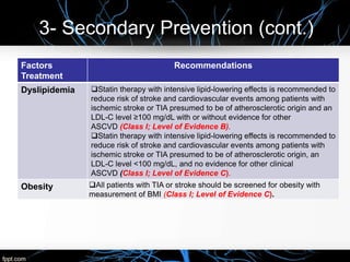 3- Secondary Prevention (cont.)
Factors
Treatment
Recommendations
Dyslipidemia Statin therapy with intensive lipid-lowering effects is recommended to
reduce risk of stroke and cardiovascular events among patients with
ischemic stroke or TIA presumed to be of atherosclerotic origin and an
LDL-C level ≥100 mg/dL with or without evidence for other
ASCVD (Class I; Level of Evidence B).
Statin therapy with intensive lipid-lowering effects is recommended to
reduce risk of stroke and cardiovascular events among patients with
ischemic stroke or TIA presumed to be of atherosclerotic origin, an
LDL-C level <100 mg/dL, and no evidence for other clinical
ASCVD (Class I; Level of Evidence C).
Obesity All patients with TIA or stroke should be screened for obesity with
measurement of BMI (Class I; Level of Evidence C).
 