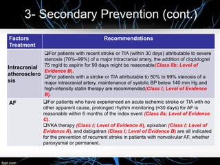 3- Secondary Prevention (cont.)
Factors
Treatment
Recommendations
Intracranial
atherosclero
sis
For patients with recent stroke or TIA (within 30 days) attributable to severe
stenosis (70%–99%) of a major intracranial artery, the addition of clopidogrel
75 mg/d to aspirin for 90 days might be reasonable(Class IIb; Level of
Evidence B).
For patients with a stroke or TIA attributable to 50% to 99% stenosis of a
major intracranial artery, maintenance of systolic BP below 140 mm Hg and
high-intensity statin therapy are recommended(Class I; Level of Evidence
B).
AF For patients who have experienced an acute ischemic stroke or TIA with no
other apparent cause, prolonged rhythm monitoring (≈30 days) for AF is
reasonable within 6 months of the index event (Class IIa; Level of Evidence
C).
VKA therapy (Class I; Level of Evidence A), apixaban (Class I; Level of
Evidence A), and dabigatran (Class I; Level of Evidence B) are all indicated
for the prevention of recurrent stroke in patients with nonvalvular AF, whether
paroxysmal or permanent.
 