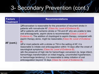 3- Secondary Prevention (cont.)
Factors
Treatment
Recommendations
AF (cont.)
Rivaroxaban is reasonable for the prevention of recurrent stroke in
patients with nonvalvular AF (Class IIa; Level of Evidence B).
For patients with ischemic stroke or TIA and AF who are unable to take
oral anticoagulants, aspirin alone is recommended (Class I; Level of
Evidence A). The addition of clopidogrel to aspirin therapy, compared with
aspirin therapy alone, might be reasonable (Class IIb; Level of Evidence
B).
For most patients with a stroke or TIA in the setting of AF, it is
reasonable to initiate oral anticoagulation within 14 days after the onset of
neurological symptoms (Class IIa; Level of Evidence B).
In the presence of high risk for hemorrhagic conversion (ie, large infarct,
hemorrhagic transformation on initial imaging, uncontrolled hypertension,
or hemorrhage tendency), it is reasonable to delay initiation of oral
anticoagulation beyond 14 days (Class IIa; Level of Evidence B).
 