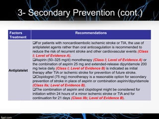 3- Secondary Prevention (cont.)
Factors
Treatment
Recommendations
Antiplatelet
For patients with noncardioembolic ischemic stroke or TIA, the use of
antiplatelet agents rather than oral anticoagulation is recommended to
reduce the risk of recurrent stroke and other cardiovascular events (Class
I; Level of Evidence A).
Aspirin (50–325 mg/d) monotherapy (Class I; Level of Evidence A) or
the combination of aspirin 25 mg and extended-release dipyridamole 200
mg twice daily (Class I; Level of Evidence B) is indicated as initial
therapy after TIA or ischemic stroke for prevention of future stroke.
Clopidogrel (75 mg) monotherapy is a reasonable option for secondary
prevention of stroke in place of aspirin or combination aspirin/dipyridamole
(Class IIa; Level of Evidence B).
The combination of aspirin and clopidogrel might be considered for
initiation within 24 hours of a minor ischemic stroke or TIA and for
continuation for 21 days (Class IIb; Level of Evidence B).
 