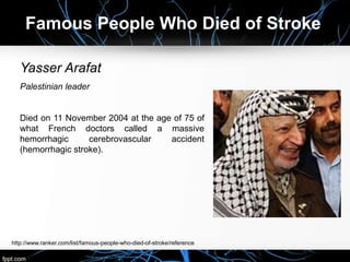 Yasser Arafat
Palestinian leader
Died on 11 November 2004 at the age of 75 of
what French doctors called a massive
hemorrhagic cerebrovascular accident
(hemorrhagic stroke).
Famous People Who Died of Stroke
http://www.ranker.com/list/famous-people-who-died-of-stroke/reference
 