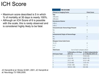 • Maximum score described is 5 in which
% of mortality at 30 days is nearly 100%.
• Although an ICH Score of 6 is possible
with the scale, this is rarely observed and
is considered highly likely to be fatal.
ICH Score
JC Hemphill et al: Stroke 32:891, 2001; JC Hemphill et
al: Neurology 73:1088,2009.
 