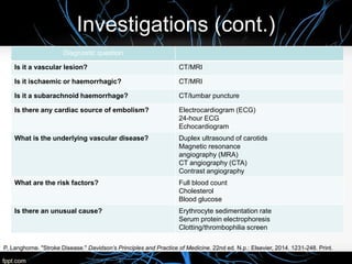 Investigations (cont.)
Diagnostic question
CT/MRIIs it a vascular lesion?
CT/MRIIs it ischaemic or haemorrhagic?
CT/lumbar punctureIs it a subarachnoid haemorrhage?
Electrocardiogram (ECG)
24-hour ECG
Echocardiogram
Is there any cardiac source of embolism?
Duplex ultrasound of carotids
Magnetic resonance
angiography (MRA)
CT angiography (CTA)
Contrast angiography
What is the underlying vascular disease?
Full blood count
Cholesterol
Blood glucose
What are the risk factors?
Erythrocyte sedimentation rate
Serum protein electrophoresis
Clotting/thrombophilia screen
Is there an unusual cause?
P, Langhorne. "Stroke Disease." Davidson’s Principles and Practice of Medicine. 22nd ed. N.p.: Elsevier, 2014. 1231-248. Print.
 