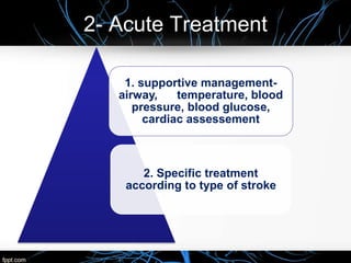 2- Acute Treatment
1. supportive management-
airway, temperature, blood
pressure, blood glucose,
cardiac assessement
2. Specific treatment
according to type of stroke
 