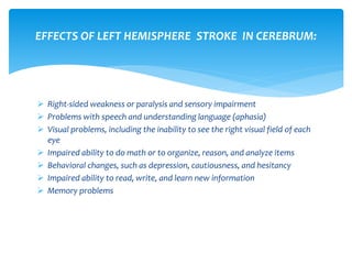  Right-sided weakness or paralysis and sensory impairment
 Problems with speech and understanding language (aphasia)
 Visual problems, including the inability to see the right visual field of each
eye
 Impaired ability to do math or to organize, reason, and analyze items
 Behavioral changes, such as depression, cautiousness, and hesitancy
 Impaired ability to read, write, and learn new information
 Memory problems
EFFECTS OF LEFT HEMISPHERE STROKE IN CEREBRUM:
 