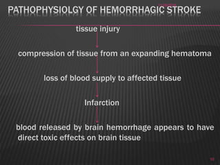 PATHOPHYSIOLGY OF HEMORRHAGIC STROKE
tissue injury
compression of tissue from an expanding hematoma
loss of blood supply to affected tissue
Infarction
blood released by brain hemorrhage appears to have
direct toxic effects on brain tissue
11/28/2016
10
 