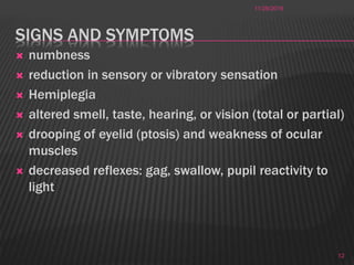 SIGNS AND SYMPTOMS
 numbness
 reduction in sensory or vibratory sensation
 Hemiplegia
 altered smell, taste, hearing, or vision (total or partial)
 drooping of eyelid (ptosis) and weakness of ocular
muscles
 decreased reflexes: gag, swallow, pupil reactivity to
light
11/28/2016
12
 
