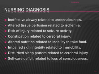 NURSING DIAGNOSIS
 Ineffective airway related to unconsciouness.
 Altered tissue perfusion related to ischemia.
 Risk of injury related to seizure activity.
 Constipation related to cerebral injury.
 Altered nutrition related to inability to take food.
 Impaired skin integrity related to immobility.
 Disturbed sleep pattern related to cerebral injury.
 Self-care deficit related to loss of consciousness.
11/28/2016
23
 
