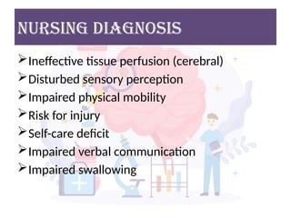 NURSING DIAGNOSIS
Ineffective tissue perfusion (cerebral)
Disturbed sensory perception
Impaired physical mobility
Risk for injury
Self-care deficit
Impaired verbal communication
Impaired swallowing
 