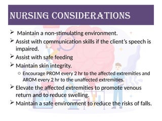 NURSING considerations
 Maintain a non-stimulating environment.
 Assist with communication skills if the client’s speech is
impaired.
 Assist with safe feeding
 Maintain skin integrity.
o Encourage PROM every 2 hr to the affected extremities and
AROM every 2 hr to the unaffected extremities.
 Elevate the affected extremities to promote venous
return and to reduce swelling.
 Maintain a safe environment to reduce the risks of falls.
 