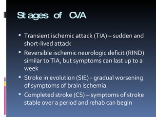 Stages of CVA Transient ischemic attack (TIA) – sudden and short-lived attack Reversible ischemic neurologic deficit (RIND) similar to TIA, but symptoms can last up to a week Stroke in evolution (SIE) - gradual worsening of symptoms of brain ischemia Completed stroke (CS) – symptoms of stroke stable over a period and rehab can begin 