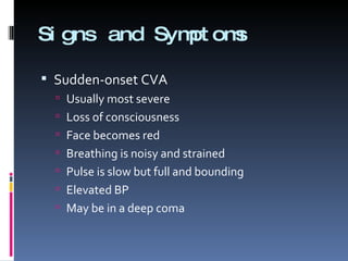 Signs and Symptoms Sudden-onset CVA Usually most severe Loss of consciousness Face becomes red Breathing is noisy and strained Pulse is slow but full and bounding Elevated BP May be in a deep coma 