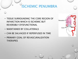 ISCHEMIC PENUMBRA
• TISSUE SURROUNDING THE CORE REGION OF
INFARCTION WHICH IS ISCHEMIC BUT
REVERSIBLY DYSFUNCTIONAL
• MAINTAINED BY COLLATERALS
• CAN BE SALVAGED IF REPERFUSED IN TIME
• PRIMARY GOAL OF REVASCURALIZATION
THERAPIES
 