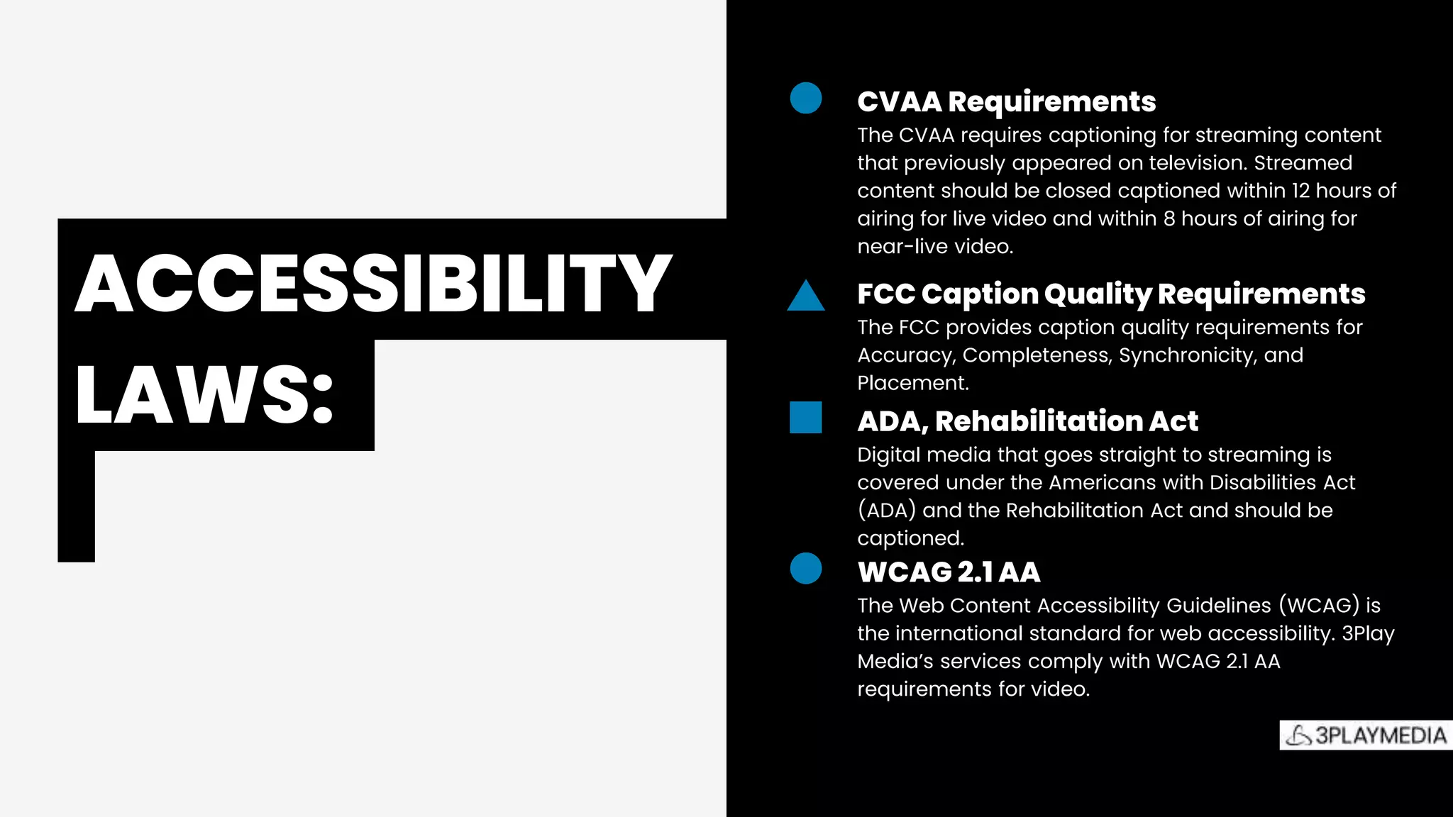 The
Accessibility
Picture
ACCESSIBILITY.
LAWS:.
CVAA Requirements
The CVAA requires captioning for streaming content
that previously appeared on television. Streamed
content should be closed captioned within 12 hours of
airing for live video and within 8 hours of airing for
near-live video.
FCC Caption Quality Requirements
The FCC provides caption quality requirements for
Accuracy, Completeness, Synchronicity, and
Placement.
ADA, Rehabilitation Act
Digital media that goes straight to streaming is
covered under the Americans with Disabilities Act
(ADA) and the Rehabilitation Act and should be
captioned.
WCAG 2.1 AA
The Web Content Accessibility Guidelines (WCAG) is
the international standard for web accessibility. 3Play
Media’s services comply with WCAG 2.1 AA
requirements for video.
 