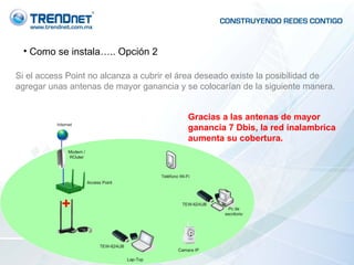 Como se instala….. Opción 2 Si el access Point no alcanza a cubrir el área deseado existe la posibilidad de agregar unas antenas de mayor ganancia y se colocarían de la siguiente manera.  Gracias a las antenas de mayor ganancia 7 Dbis, la red inalambrica aumenta su cobertura. 