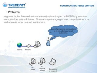 Problema. Algunos de los Proveedores de Internet solo entregan un MODEM y solo una computadora sale a Internet. El usuario quiere agregar mas computadoras a la red además tener una red inalámbrica. 