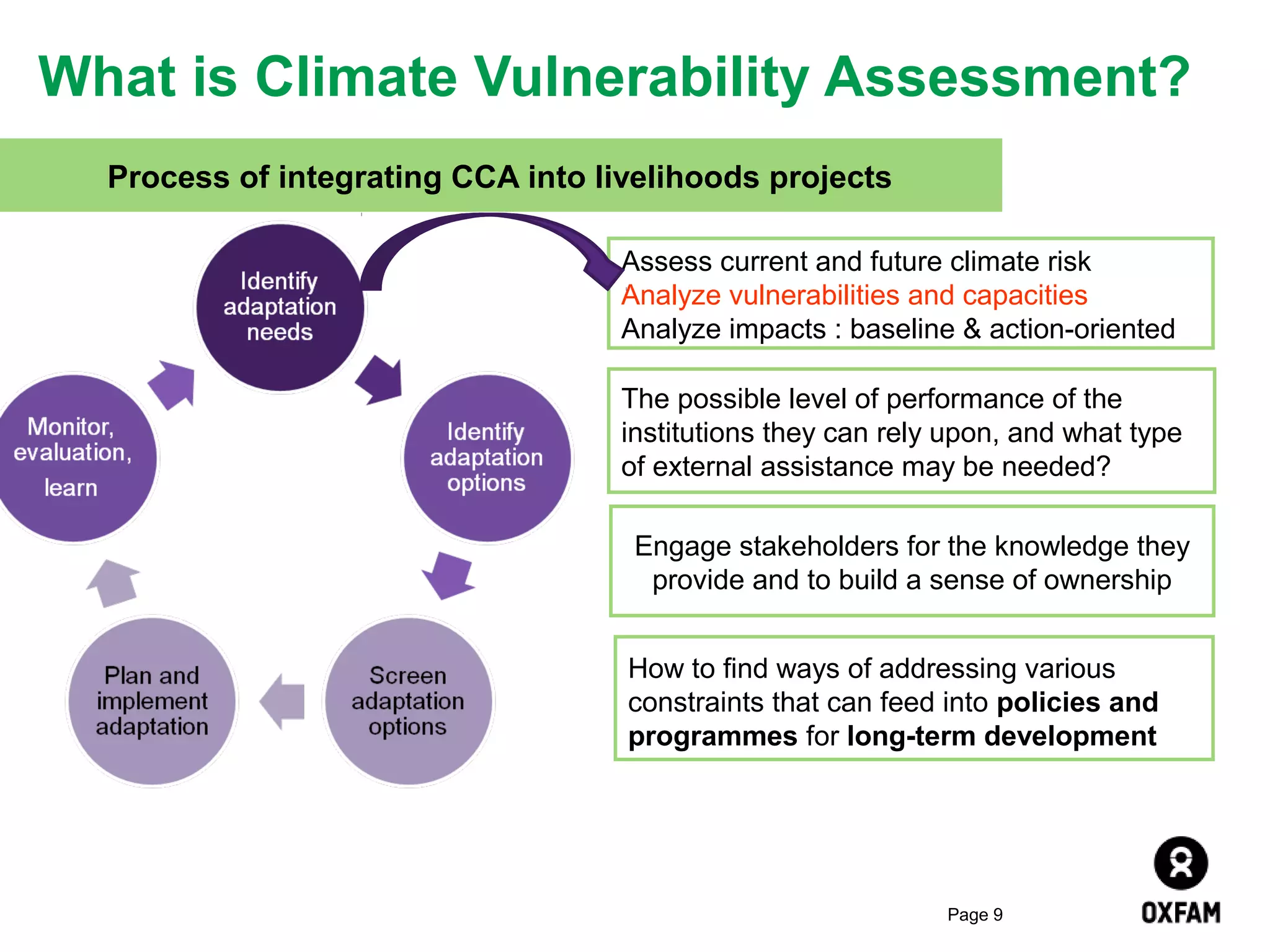 What is Climate Vulnerability Assessment?
Process of integrating CCA into livelihoods projects
Assess current and future climate risk
Analyze vulnerabilities and capacities
Analyze impacts : baseline & action-oriented
The possible level of performance of the
institutions they can rely upon, and what type
of external assistance may be needed?
Engage stakeholders for the knowledge they
provide and to build a sense of ownership
How to find ways of addressing various
constraints that can feed into policies and
programmes for long-term development

Page 9

 