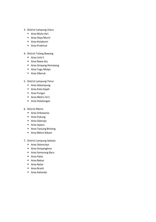 3. District Lampung Utara
? Area Mulia Asri
? Area Daya Murni
? Area Kotabumi
? Area Prokimal
4. District Tulang Bawang
? Area Unit II
? Area Rawa Jitu
? Area Simpang Pematang
? Area Tugu Mulyo
? Area Siberuk
5. District Lampung Timur
? Area Sekampung
? Area Kota Gajah
? Area Pungur
? Area Metro 16 C
? Area Pekalongan
6. District Metro
? Area Sribawono
? Area Pukung
? Area Sidorojo
? Area Jepara
? Area Tanjung Bintang
? Area Metro Kibam
7. District Lampung Selatan
? Area Sidomulyo
? Area Simpanglima
? Area Semarang Baru
? Area Palas
? Area Bakao
? Area Natar
? Area Branti
? Area Kalianda
 