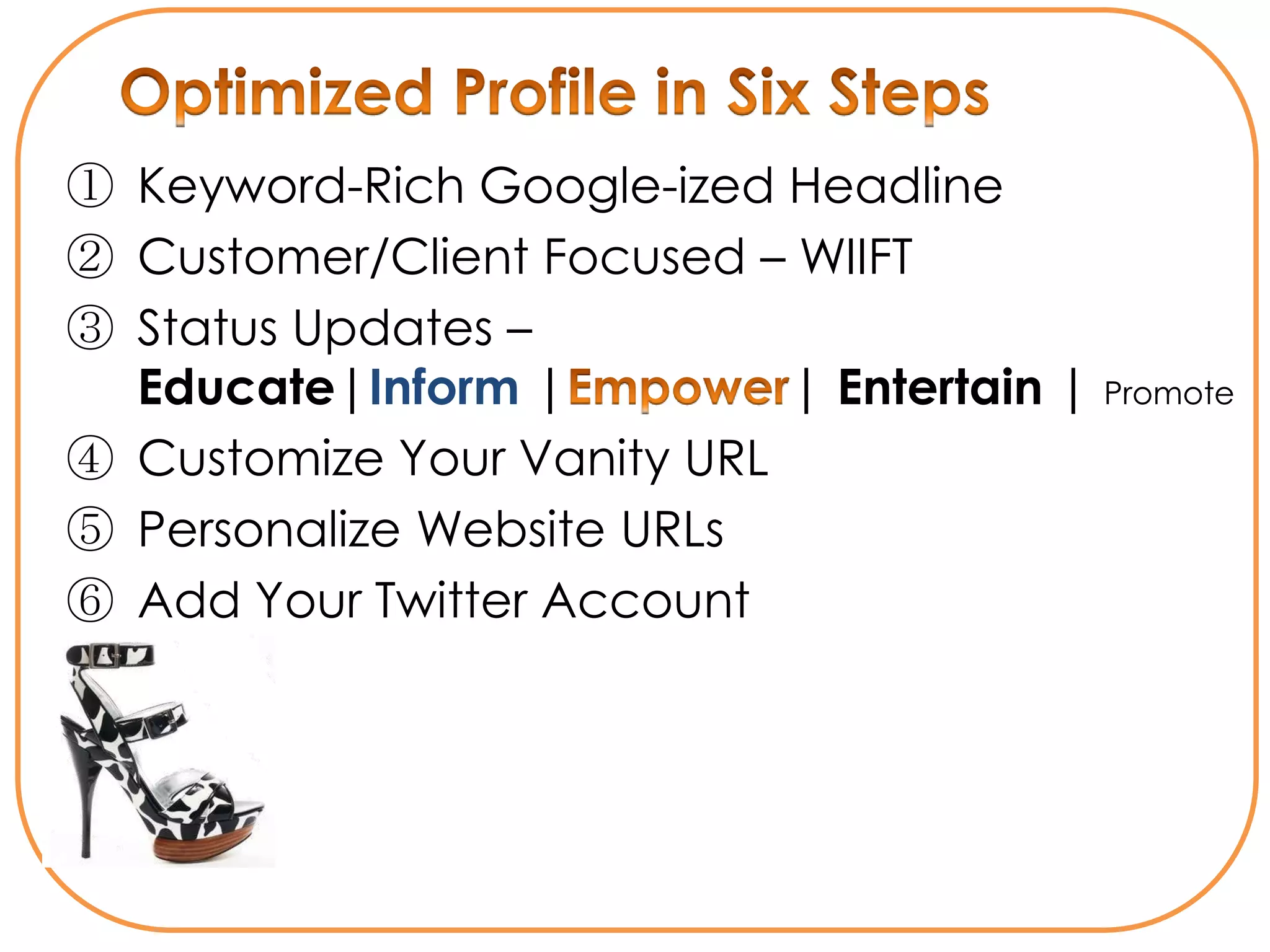 ① Keyword-Rich Google-ized Headline
② Customer/Client Focused – WIIFT
③ Status Updates –
  Educate|Inform |          | Entertain | Promote
④ Customize Your Vanity URL
⑤ Personalize Website URLs
⑥ Add Your Twitter Account
 