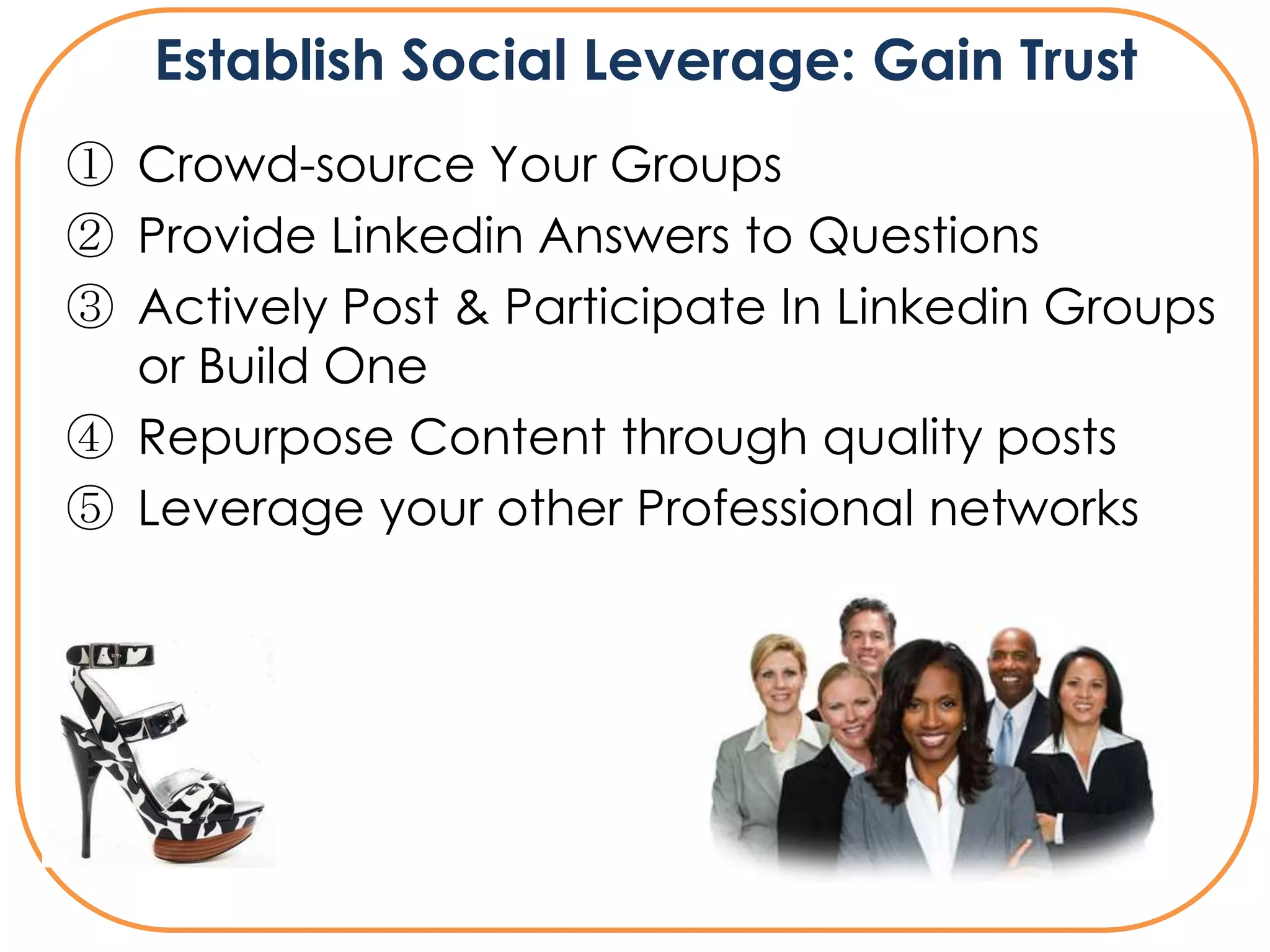 Establish Social Leverage: Gain Trust
① Crowd-source Your Groups
② Provide Linkedin Answers to Questions
③ Actively Post & Participate In Linkedin Groups
  or Build One
④ Repurpose Content through quality posts
⑤ Leverage your other Professional networks
 